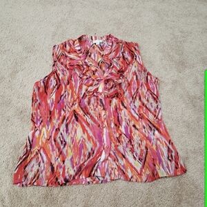 Ruffled vneck button up sleeveless bold pattern